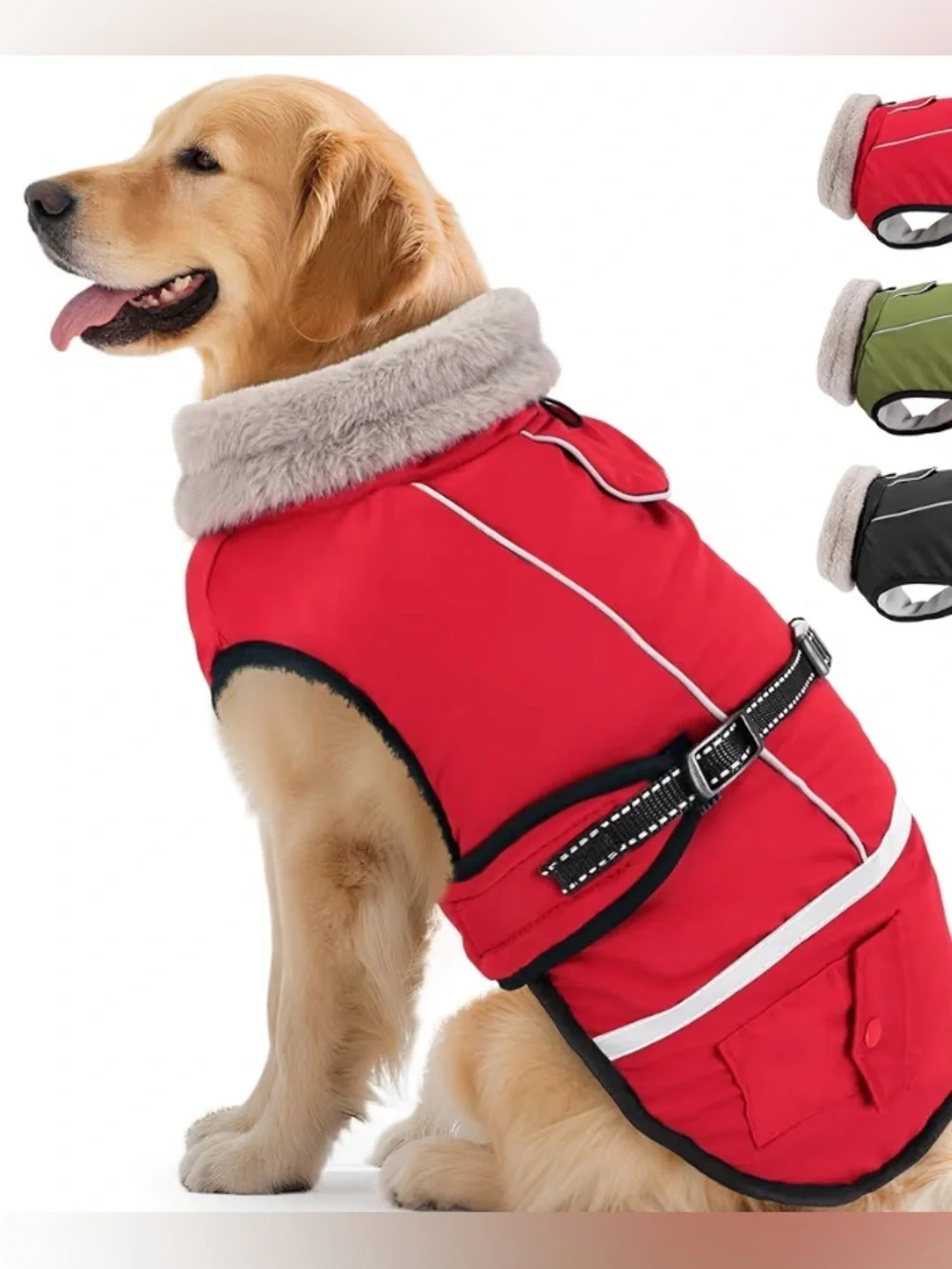 NEW-Dog- Large Red Faux-Fur Collar  Reflective, safety Dog Winter Coat -